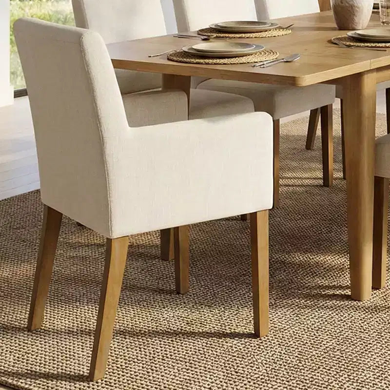 Set da pranzo di 9 pezzi con tavolo allungabile - 6 sedie senza braccioli e 2 poltrone in lino neutro