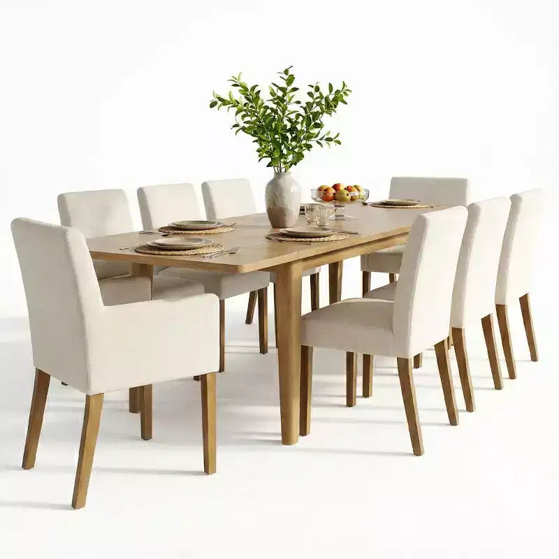 Set da pranzo di 9 pezzi con tavolo allungabile - 6 sedie senza braccioli e 2 poltrone in lino neutro