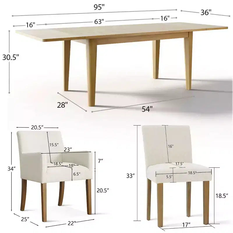 Set da pranzo di 9 pezzi con tavolo allungabile - 6 sedie senza braccioli e 2 poltrone in lino neutro
