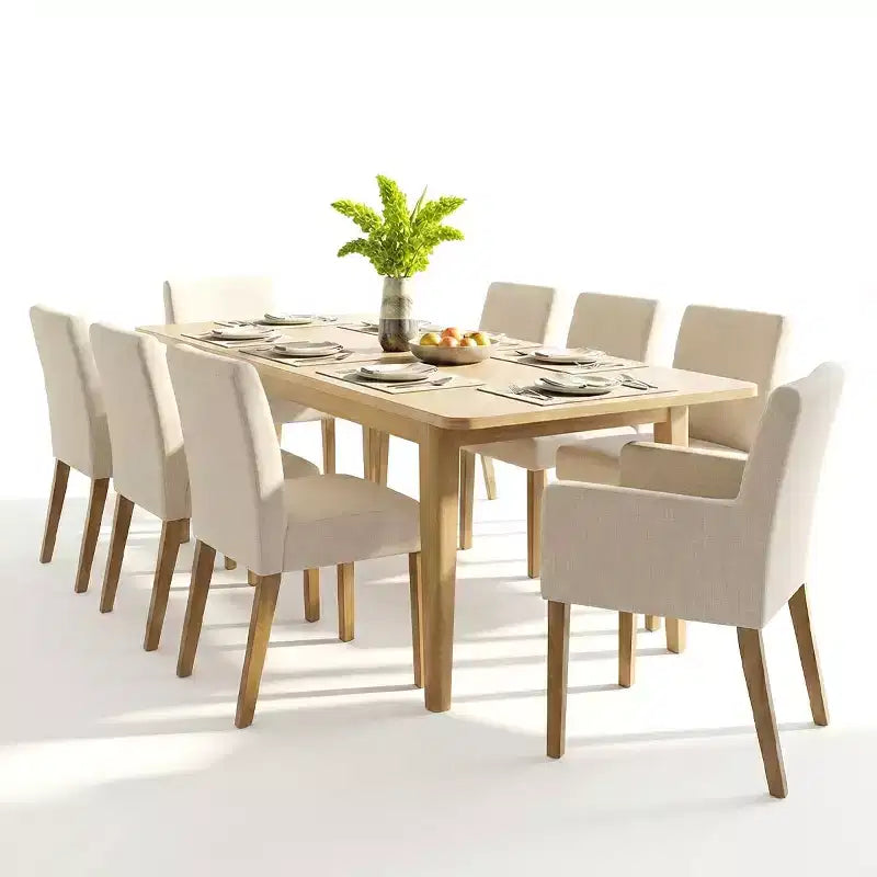 Set da pranzo di 9 pezzi con tavolo allungabile - 6 sedie senza braccioli e 2 poltrone in lino neutro