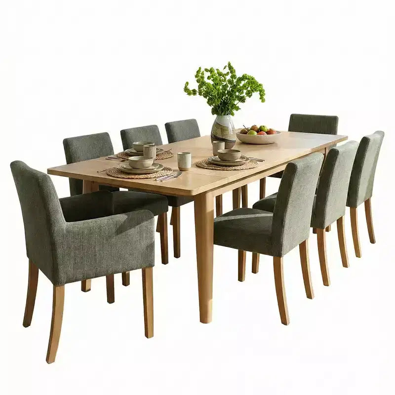 Set da pranzo di 9 pezzi con tavolo allungabile - 6 sedie senza braccioli e 2 poltrone in lino neutro