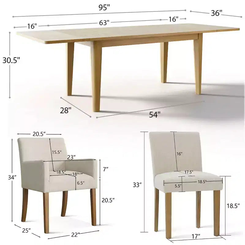 Set da pranzo di 9 pezzi con tavolo allungabile - 6 sedie senza braccioli e 2 poltrone in lino neutro
