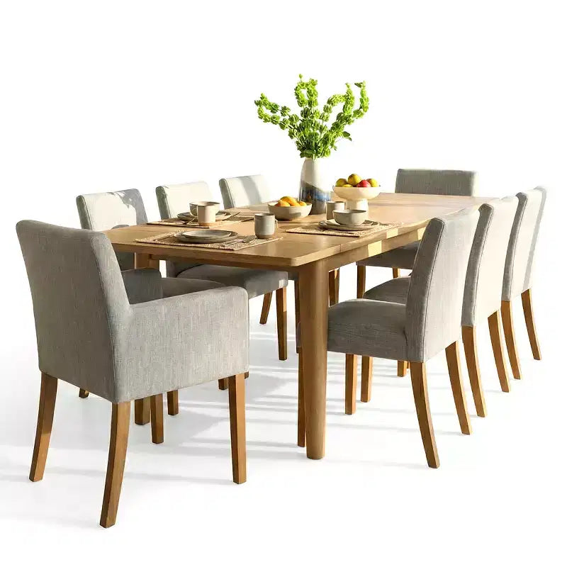 Set da pranzo di 9 pezzi con tavolo allungabile - 6 sedie senza braccioli e 2 poltrone in lino neutro
