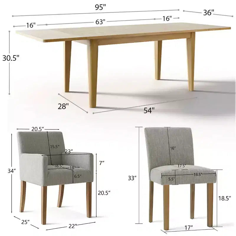 Set da pranzo di 9 pezzi con tavolo allungabile - 6 sedie senza braccioli e 2 poltrone in lino neutro