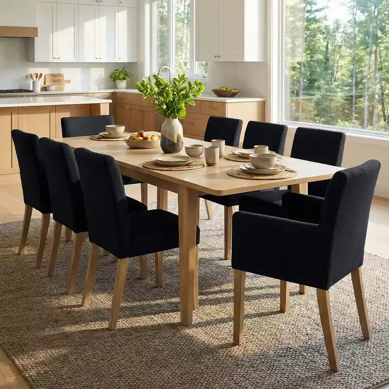 Set da pranzo di 9 pezzi con tavolo allungabile - 6 sedie senza braccioli e 2 poltrone in lino neutro
