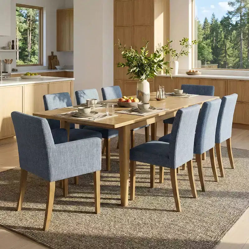 Set da pranzo di 9 pezzi con tavolo allungabile - 6 sedie senza braccioli e 2 poltrone in lino neutro