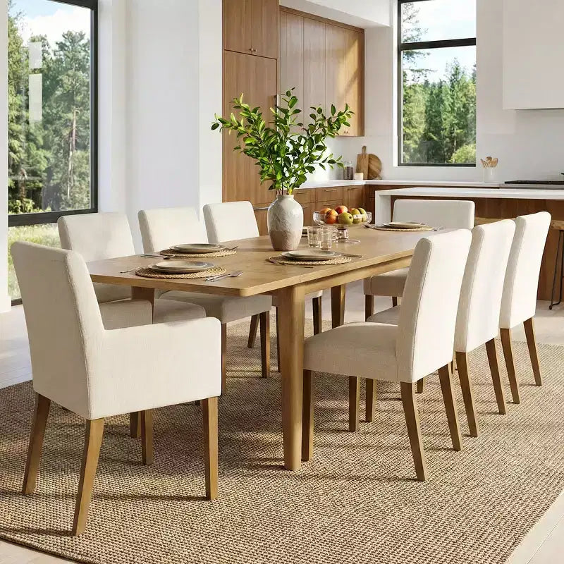 Set da pranzo di 9 pezzi con tavolo allungabile - 6 sedie senza braccioli e 2 poltrone in lino neutro