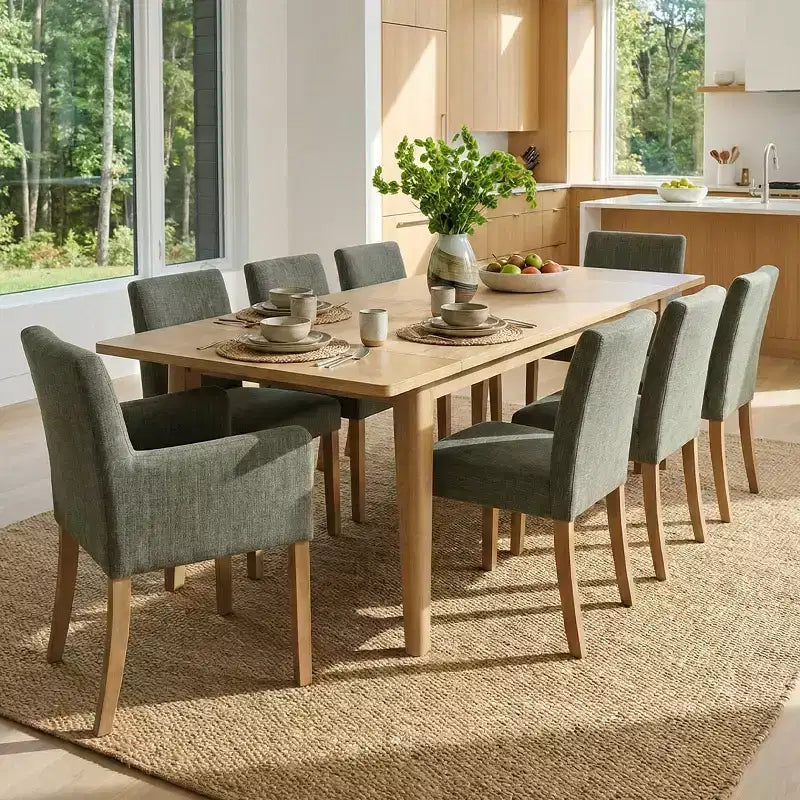 Set da pranzo di 9 pezzi con tavolo allungabile - 6 sedie senza braccioli e 2 poltrone in lino neutro
