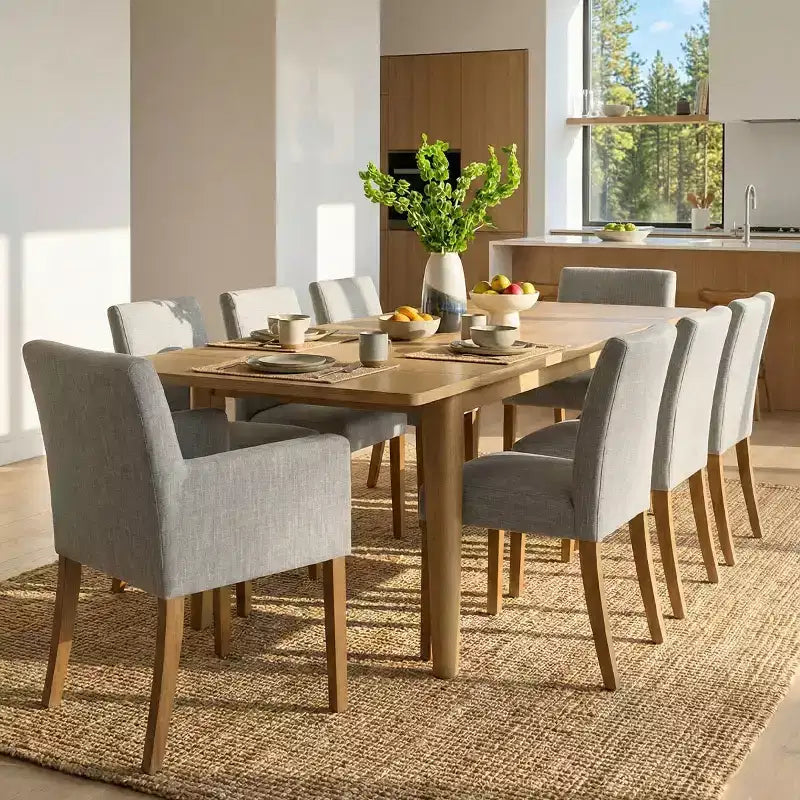 Set da pranzo di 9 pezzi con tavolo allungabile - 6 sedie senza braccioli e 2 poltrone in lino neutro