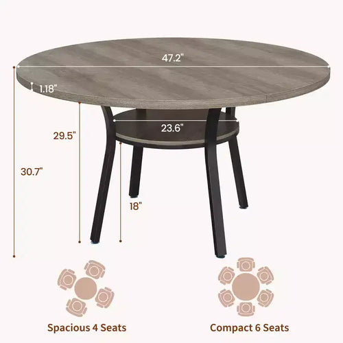 Tavolo da Pranzo Rotondo da 47'' per 4-6 Persone, Tavolo da Pranzo per Cucina in Stile Rustico, Tavolo da Pranzo Rotondo con Ripiano Portaoggetti per Cucina, Soggiorno (Solo Tavolo)