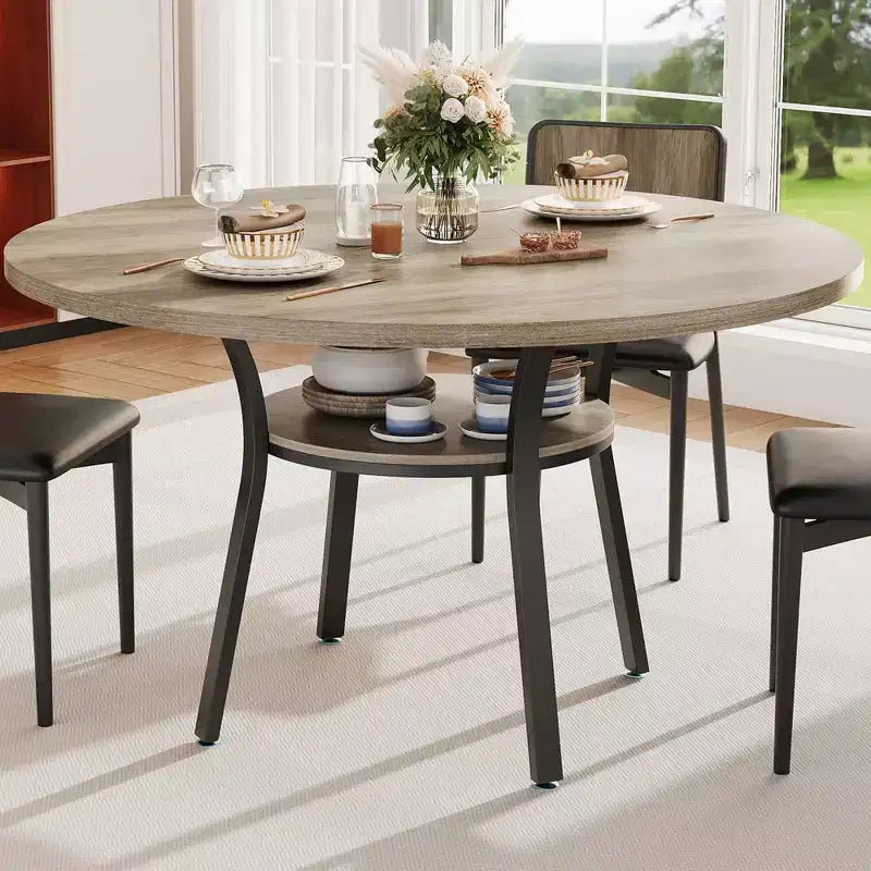 Tavolo da Pranzo Rotondo da 47'' per 4-6 Persone, Tavolo da Pranzo per Cucina in Stile Rustico, Tavolo da Pranzo Rotondo con Ripiano Portaoggetti per Cucina, Soggiorno (Solo Tavolo)