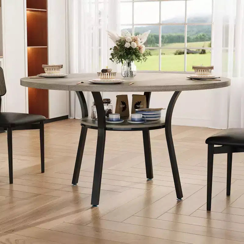 Tavolo da Pranzo Rotondo da 47'' per 4-6 Persone, Tavolo da Pranzo per Cucina in Stile Rustico, Tavolo da Pranzo Rotondo con Ripiano Portaoggetti per Cucina, Soggiorno (Solo Tavolo)