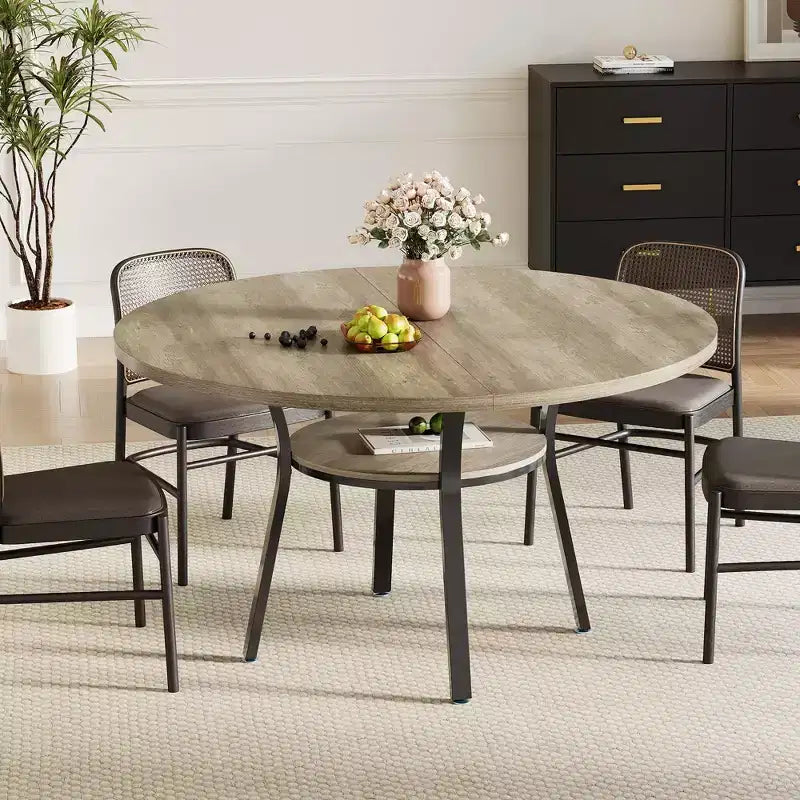 Tavolo da Pranzo Rotondo da 47'' per 4-6 Persone, Tavolo da Pranzo per Cucina in Stile Rustico, Tavolo da Pranzo Rotondo con Ripiano Portaoggetti per Cucina, Soggiorno (Solo Tavolo)