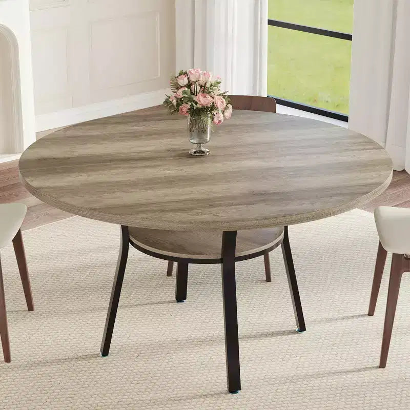 Tavolo da Pranzo Rotondo da 47'' per 4-6 Persone, Tavolo da Pranzo per Cucina in Stile Rustico, Tavolo da Pranzo Rotondo con Ripiano Portaoggetti per Cucina, Soggiorno (Solo Tavolo)