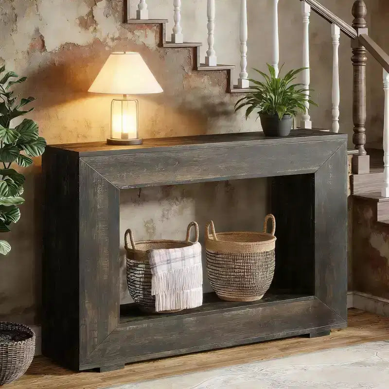 Consolle da fattoria, Tavolo da divano rustico in legno per ingresso con contenitore
