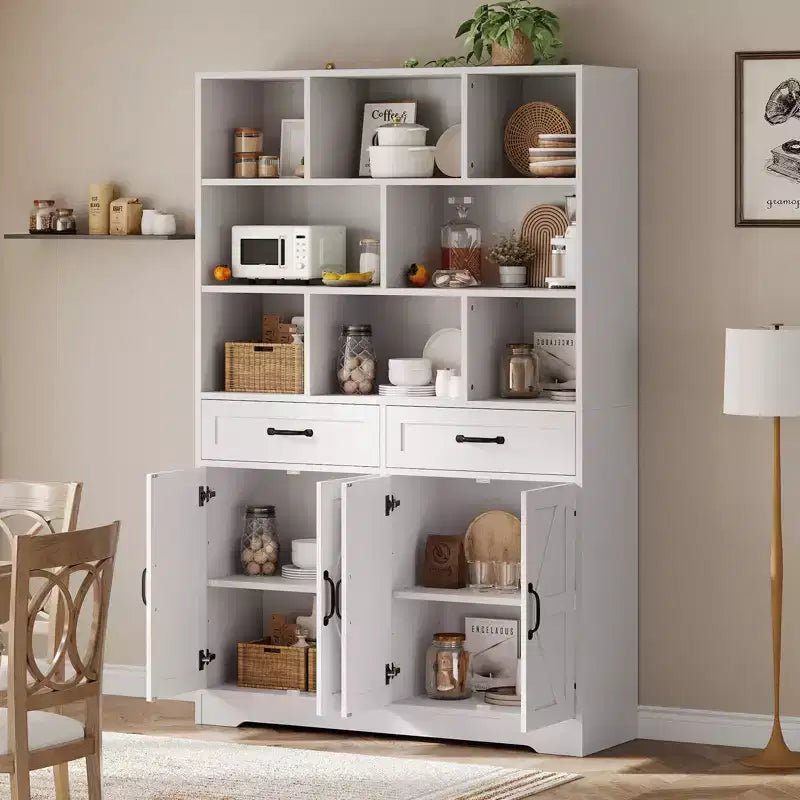Libreria alta 180 cm con 2 cassetti, scaffale a 5 ripiani in legno con ripiani regolabili, scaffale a giorno da terra per soggiorno