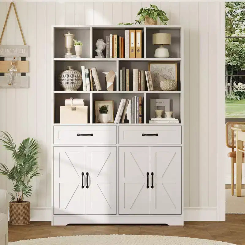 Libreria alta 180 cm con 2 cassetti, scaffale a 5 ripiani in legno con ripiani regolabili, scaffale a giorno da terra per soggiorno