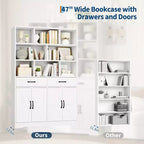 Libreria alta 180 cm con 2 cassetti, scaffale a 5 ripiani in legno con ripiani regolabili, scaffale a giorno da terra per soggiorno
