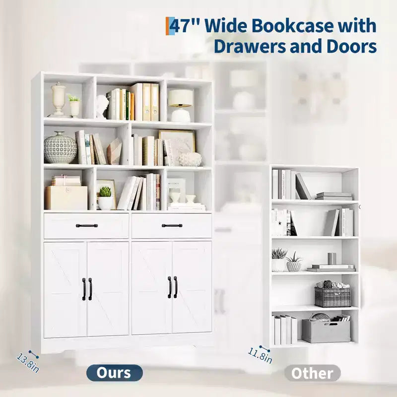 Libreria alta 180 cm con 2 cassetti, scaffale a 5 ripiani in legno con ripiani regolabili, scaffale a giorno da terra per soggiorno