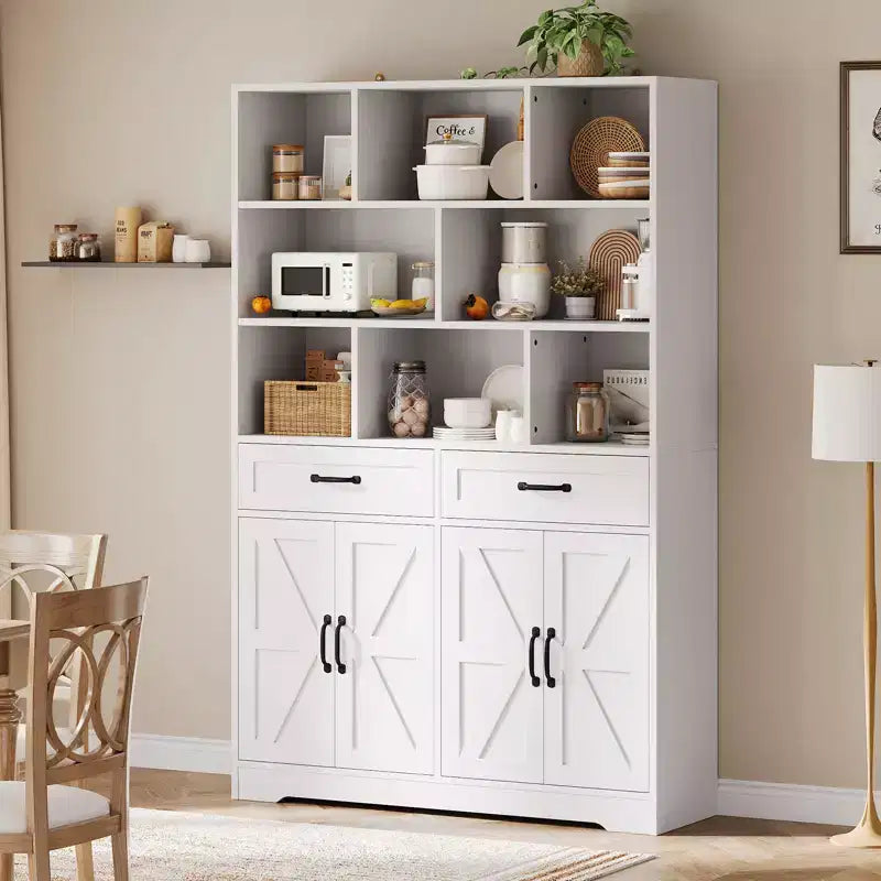 Libreria alta 180 cm con 2 cassetti, scaffale a 5 ripiani in legno con ripiani regolabili, scaffale a giorno da terra per soggiorno