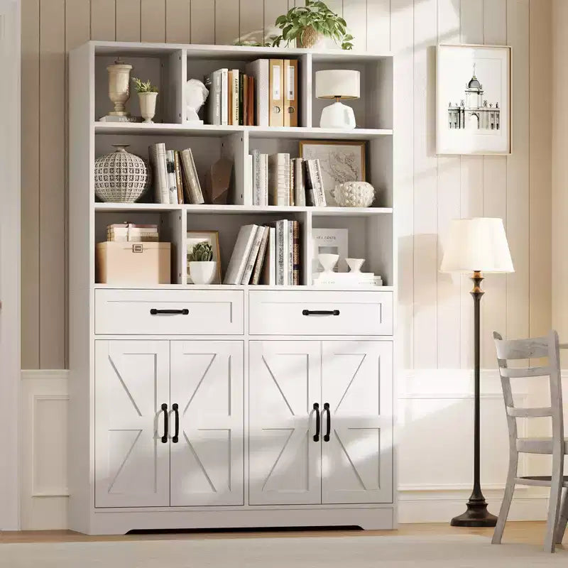 Libreria alta 180 cm con 2 cassetti, scaffale a 5 ripiani in legno con ripiani regolabili, scaffale a giorno da terra per soggiorno