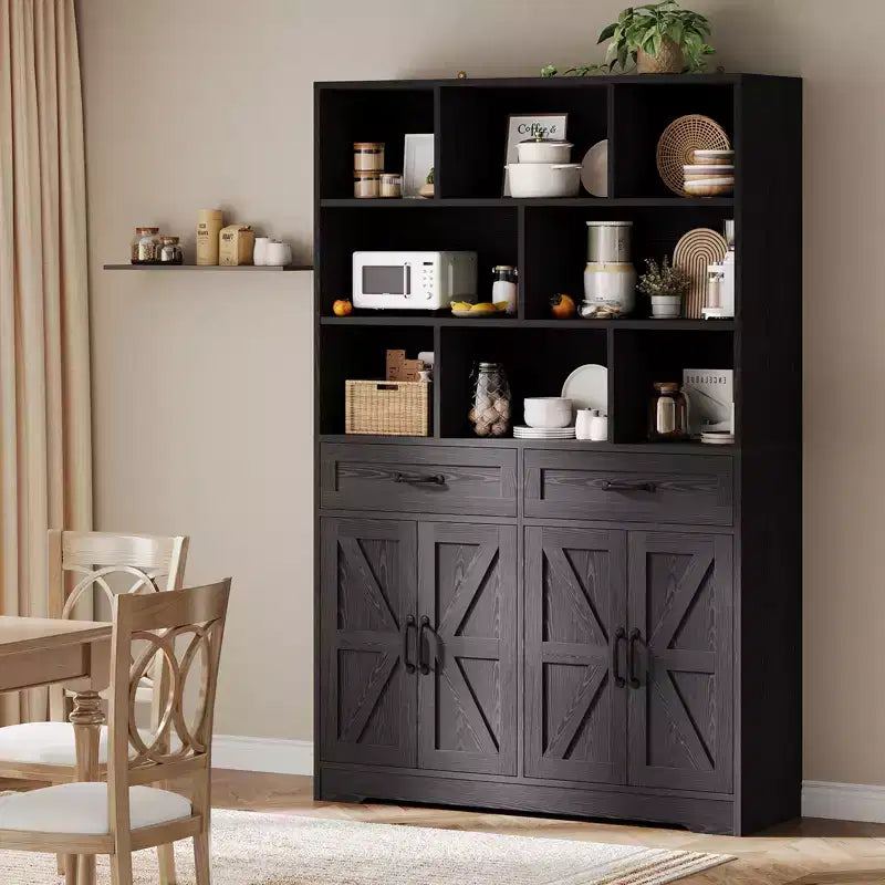 Libreria alta 180 cm con 2 cassetti, scaffale a 5 ripiani in legno con ripiani regolabili, scaffale a giorno da terra per soggiorno