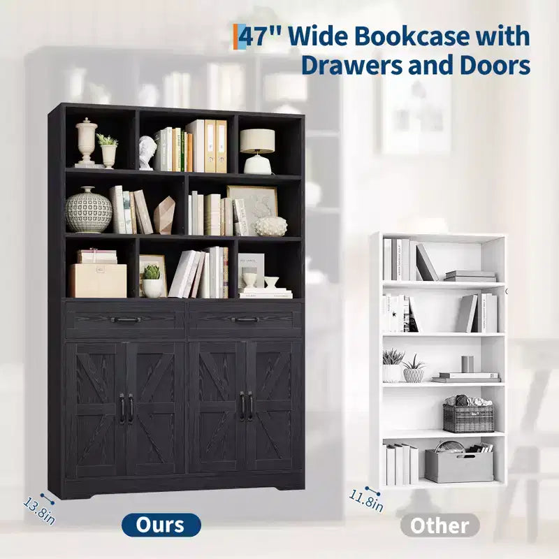 Libreria alta 180 cm con 2 cassetti, scaffale a 5 ripiani in legno con ripiani regolabili, scaffale a giorno da terra per soggiorno