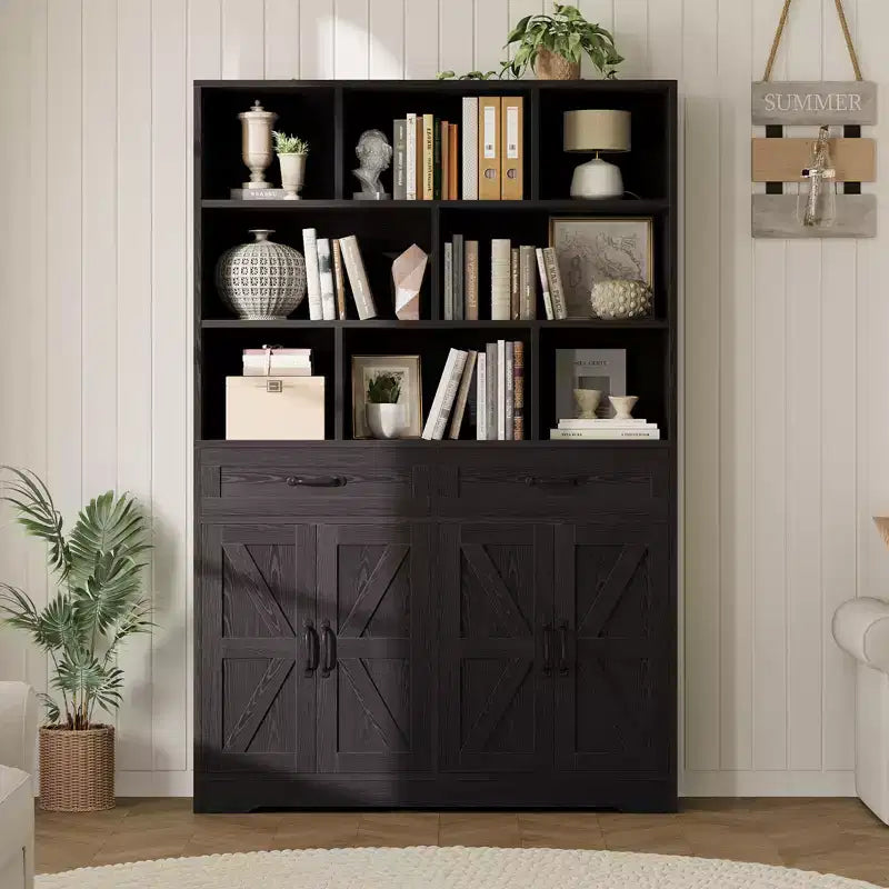 Libreria alta 180 cm con 2 cassetti, scaffale a 5 ripiani in legno con ripiani regolabili, scaffale a giorno da terra per soggiorno
