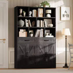 Libreria alta 180 cm con 2 cassetti, scaffale a 5 ripiani in legno con ripiani regolabili, scaffale a giorno da terra per soggiorno