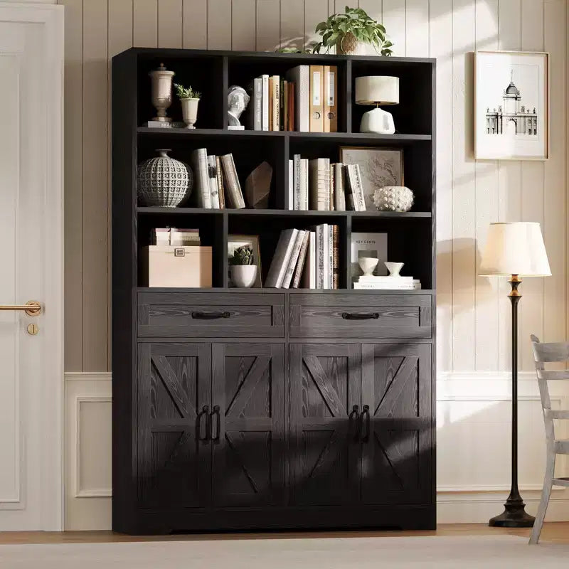 Libreria alta 180 cm con 2 cassetti, scaffale a 5 ripiani in legno con ripiani regolabili, scaffale a giorno da terra per soggiorno