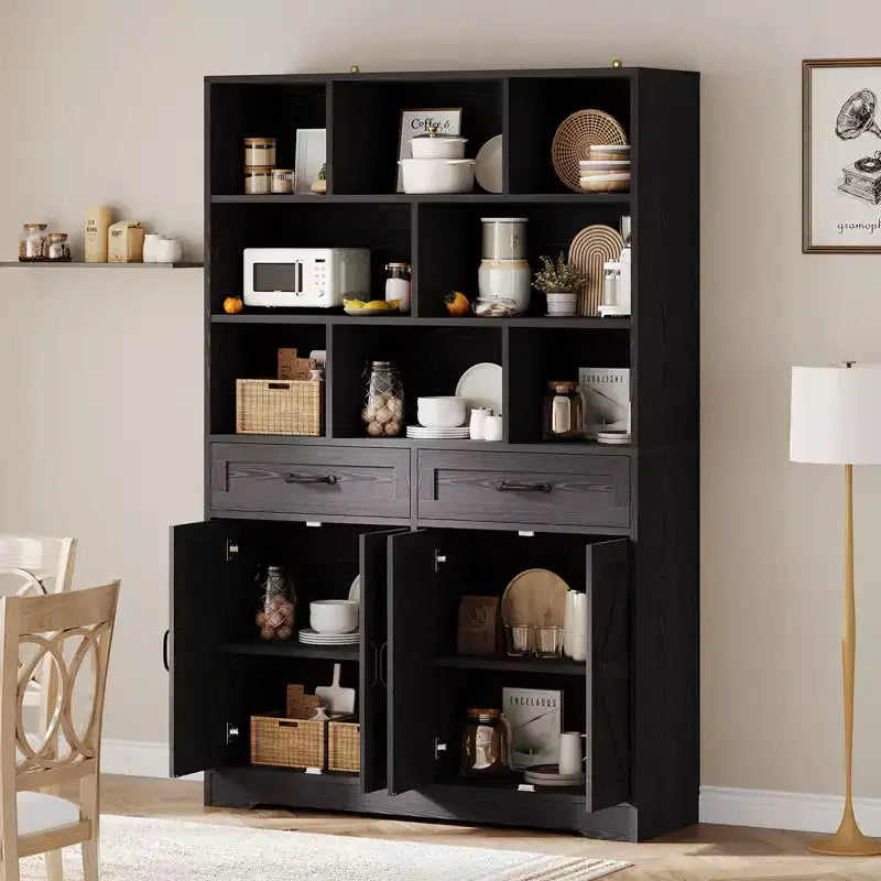 Libreria alta 180 cm con 2 cassetti, scaffale a 5 ripiani in legno con ripiani regolabili, scaffale a giorno da terra per soggiorno