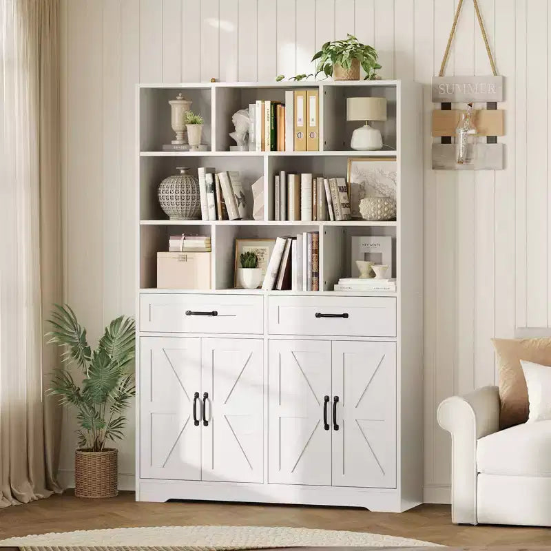Libreria alta 180 cm con 2 cassetti, scaffale a 5 ripiani in legno con ripiani regolabili, scaffale a giorno da terra per soggiorno