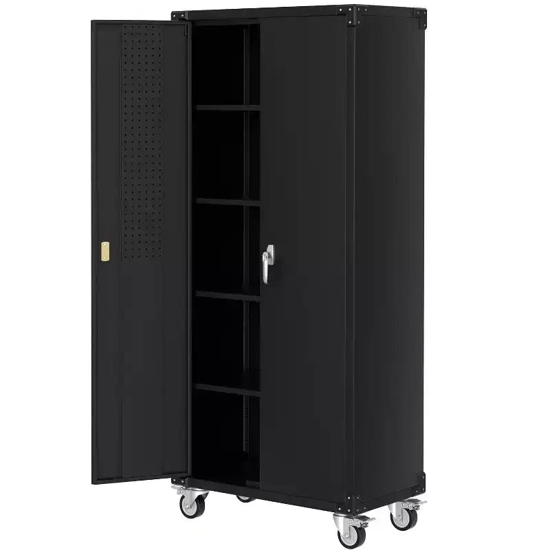 Heavy-Duty 72'' Metal Garage Storage Cabinet with Wheels - Locking Doors - 4 Adjustable Shelves - Pegboard Organizer - Mobile Tool Locker