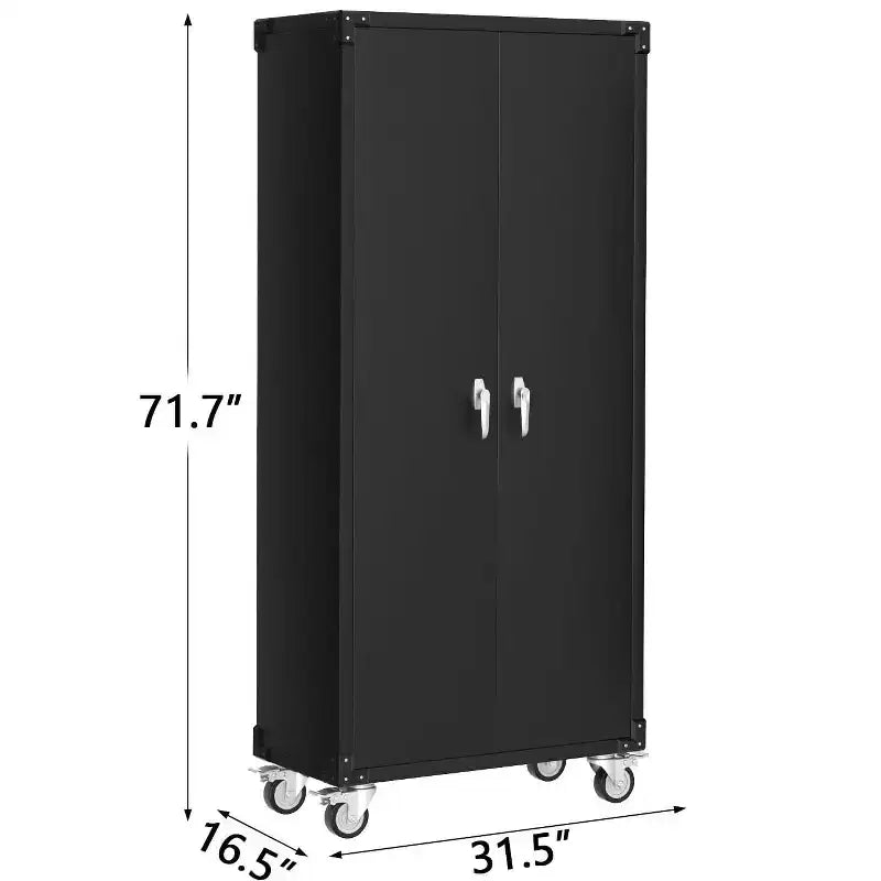 Armadietto metallico porta attrezzi per garage con ruote, 183 cm, resistente - Ante con serratura - 4 ripiani regolabili - Pannello forato organizer - Carrello porta attrezzi mobile