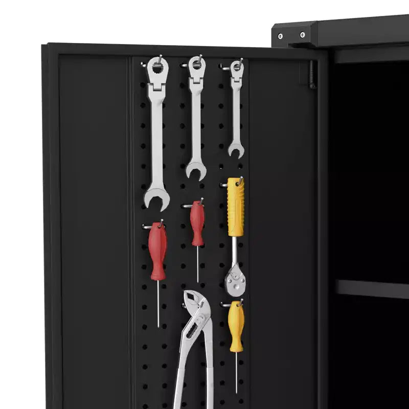Armadietto metallico porta attrezzi per garage con ruote, 183 cm, resistente - Ante con serratura - 4 ripiani regolabili - Pannello forato organizer - Carrello porta attrezzi mobile