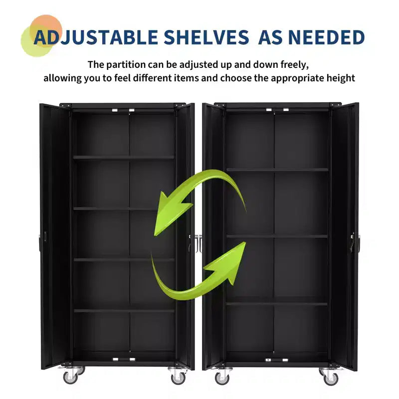 Armadietto metallico porta attrezzi per garage con ruote, 183 cm, resistente - Ante con serratura - 4 ripiani regolabili - Pannello forato organizer - Carrello porta attrezzi mobile