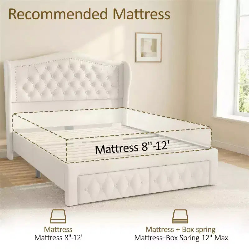 Struttura Letto Matrimoniale 133,6 cm di altezza con 2 Cassetti, Testiera in Velluto a Trapunta e Design con Alette Laterali