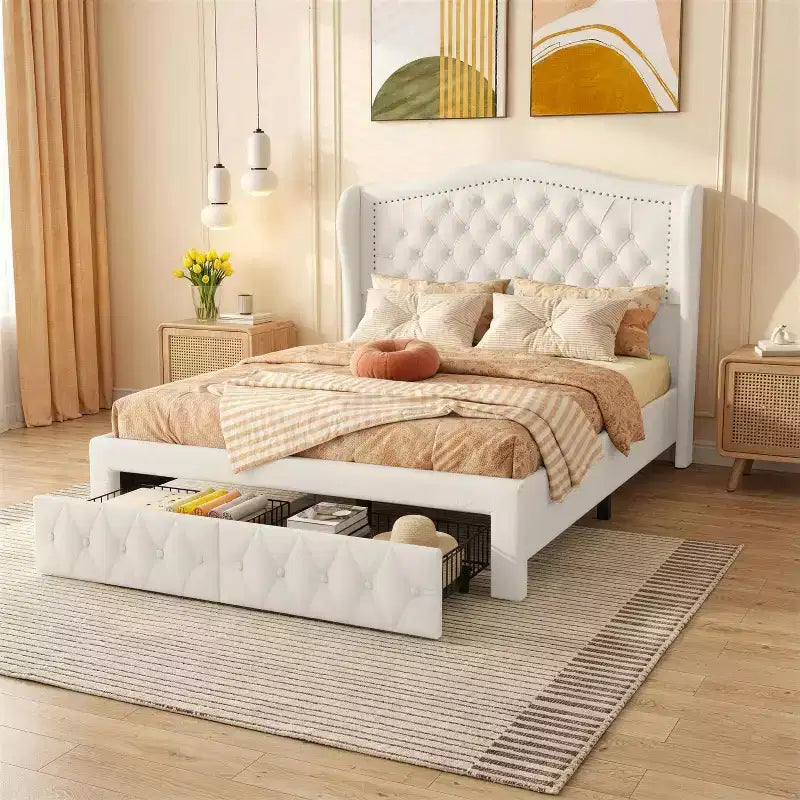 Struttura Letto Matrimoniale 133,6 cm di altezza con 2 Cassetti, Testiera in Velluto a Trapunta e Design con Alette Laterali