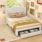 Struttura Letto Matrimoniale 133,6 cm di altezza con 2 Cassetti, Testiera in Velluto a Trapunta e Design con Alette Laterali