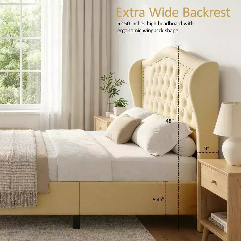 Struttura Letto Matrimoniale 133,6 cm di altezza con 2 Cassetti, Testiera in Velluto a Trapunta e Design con Alette Laterali