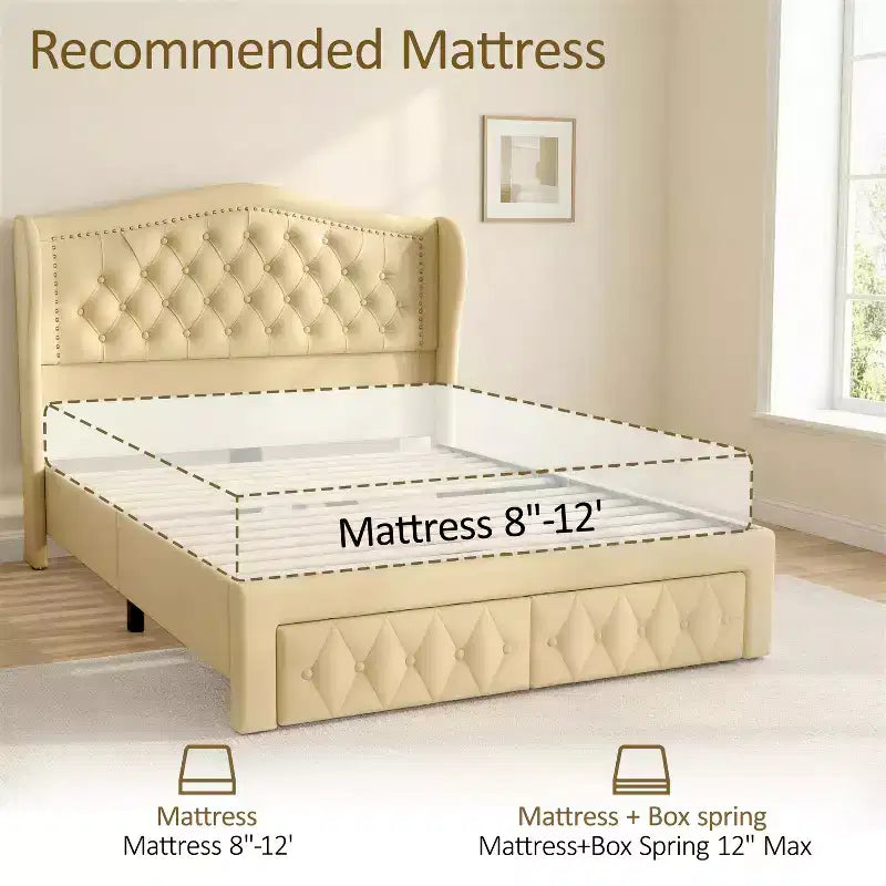 Struttura Letto Matrimoniale 133,6 cm di altezza con 2 Cassetti, Testiera in Velluto a Trapunta e Design con Alette Laterali