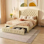 Struttura Letto Matrimoniale 133,6 cm di altezza con 2 Cassetti, Testiera in Velluto a Trapunta e Design con Alette Laterali