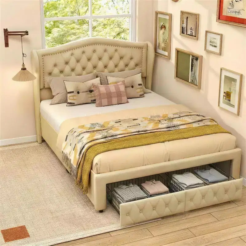 Struttura Letto Matrimoniale 133,6 cm di altezza con 2 Cassetti, Testiera in Velluto a Trapunta e Design con Alette Laterali