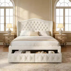 Struttura Letto Matrimoniale 133,6 cm di altezza con 2 Cassetti, Testiera in Velluto a Trapunta e Design con Alette Laterali