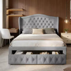 Struttura Letto Matrimoniale 133,6 cm di altezza con 2 Cassetti, Testiera in Velluto a Trapunta e Design con Alette Laterali