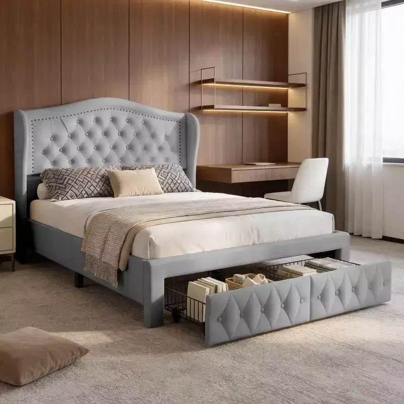 Struttura Letto Matrimoniale 133,6 cm di altezza con 2 Cassetti, Testiera in Velluto a Trapunta e Design con Alette Laterali