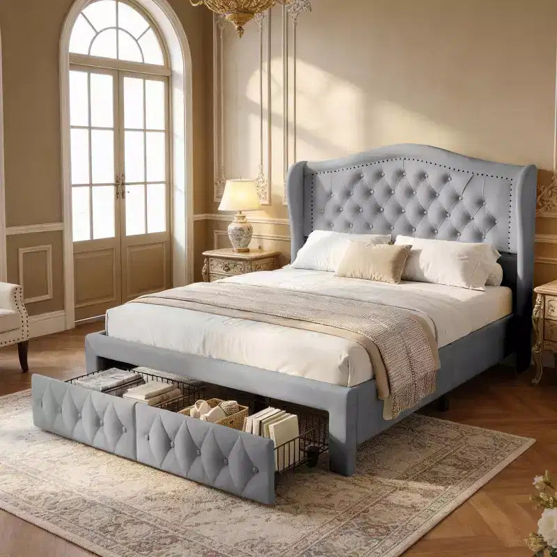 Struttura Letto Matrimoniale 133,6 cm di altezza con 2 Cassetti, Testiera in Velluto a Trapunta e Design con Alette Laterali