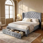 Struttura Letto Matrimoniale 133,6 cm di altezza con 2 Cassetti, Testiera in Velluto a Trapunta e Design con Alette Laterali