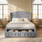 Struttura Letto Matrimoniale 133,6 cm di altezza con 2 Cassetti, Testiera in Velluto a Trapunta e Design con Alette Laterali