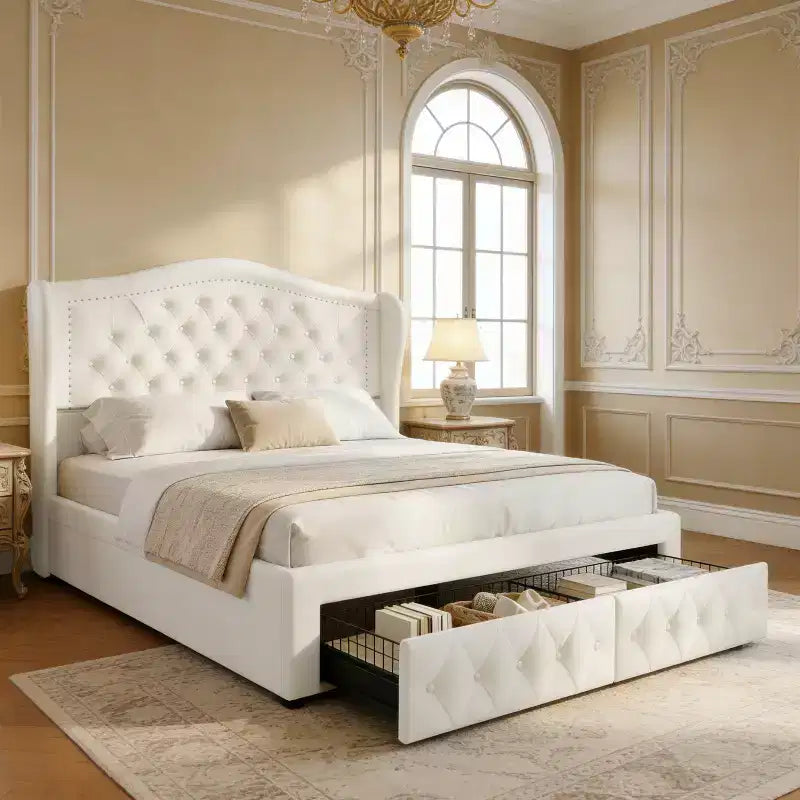 Struttura Letto Matrimoniale 133,6 cm di altezza con 2 Cassetti, Testiera in Velluto a Trapunta e Design con Alette Laterali
